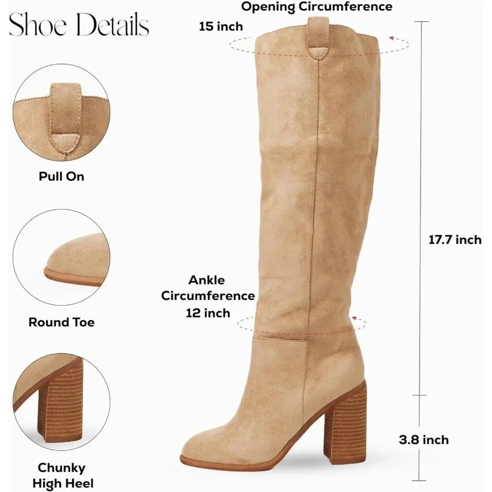 Women's 1 Apricot Suede Knee-high Boots Fall Boot Chunky Block High Heel